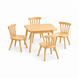 Dukyshola Wooden Kids Table with 4 Chairs shown with circular wooden seats, spindle-back chairs and splayed round legs.