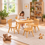 Dukyshola Wooden Kids Table with 4 Chairs: circular wooden seats beside a child seated at the table on a patterned rug.