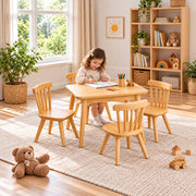 Dukyshola Wooden Kids Table with 4 Chairs: circular wooden seats beside a child seated at the table on a patterned rug.