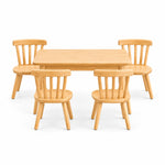 Dukyshola Wooden Kids Table with 4 Chairs featuring splayed round legs alongside a natural wood finish viewed from the front.