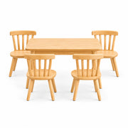 Dukyshola Wooden Kids Table with 4 Chairs featuring splayed round legs alongside a natural wood finish viewed from the front.