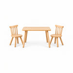 Dukyshola Wooden Kids Table with 2 Chairs: a natural wood finish, a rounded wood tabletop and circular wooden seats.