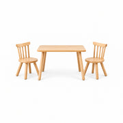 Dukyshola Wooden Kids Table with 2 Chairs: a natural wood finish, a rounded wood tabletop and circular wooden seats.