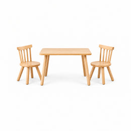 Dukyshola Wooden Kids Table with 2 Chairs: a natural wood finish, a rounded wood tabletop and circular wooden seats.