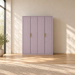 Elegitora Lavender 4 Door Fluted Wardrobe, with fine vertical grooves and a lavender outer frame against a bedroom wall.