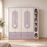 Elegitora lavender 4 Door Wardrobe with Shelves brings together circular pulls and a narrow shelf tower in a sunlit bedroom.