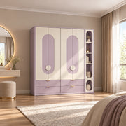 Elegitora lavender 4 Door Wardrobe with Shelves combines a narrow shelf tower with circular pulls against a bedroom wall.
