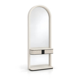 Alternate view of Elmangy White Salon Mirror Station, showing arched mirror with the finish and form clearly visible.