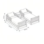 Eskilona Wooden Kids Twin Bed with Nightstand: each bed 100 W x 210 L x 60 H cm, for shared bedroom fit and layout planning.