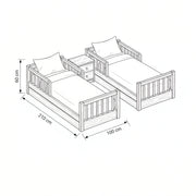 Eskilona Wooden Kids Twin Bed with Nightstand: each bed 100 W x 210 L x 60 H cm, for shared bedroom fit and layout planning.