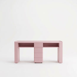 Alternate view of Esmiro Pink Manicure Table with Storage, showing spacious worktop, open shelving, and central drawers.