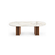 Ezzimora Marble Top 6-Seater Dining Table: paired grooved panel legs, pale surface veining and a rounded tabletop edge.