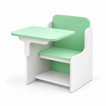 Ezzolora Mint and White Kids Chair Study Desk, with a low storage shelf and a mint writing tablet on a white background.