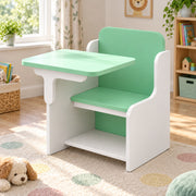 Ezzolora Mint and White Kids Chair Study Desk with an integrated seat and a low storage shelf beside a playroom window.