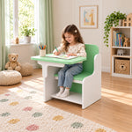 Ezzolora Mint and White Kids Chair Study Desk with white shaped side panels, shown with a child drawing in a playroom.