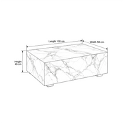 Fallinora Marble Coffee Table size guide lists 100 cm long, 50 cm wide, and 45 cm high to help plan fit in the living room.