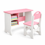 Faraliso Pink Kids Study Desk with Chair: heart-shaped chair cutouts, two left book cubbies and white shaped side panels.