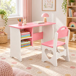 Faraliso Pink Kids Study Desk with Chair in a sunlit kids room, showing a matching pink chair alongside a pink writing top.