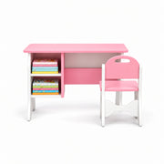 Faraliso Pink Kids Study Desk with Chair pairs heart-shaped chair cutouts with a pink writing top viewed from the front.
