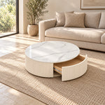 Fidorina Round Marble Coffee Table with Storage product photo showing round veined tabletop in a clean studio setting.