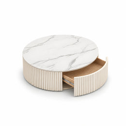 Second view of Fidorina Round Marble Coffee Table with Storage, highlighting round veined tabletop and fluted base.