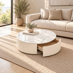 Alternate product view of Fidorina Round Marble Coffee Table with Storage, featuring round veined tabletop and fluted base.