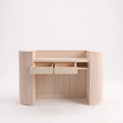 Additional product view of Flootap Fluted Beige Salon Reception Desk, showing engineered wood for a modern salon interior.