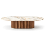 Alternate view of Flutorino Marble Coffee Table, showing oval top and broad fluted base for a modern living room interior.