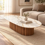 Close-up of Flutorino Marble Coffee Table, highlighting marble Top with Engineered Wood for a modern living room interior.
