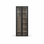 Furnilora 2 Door Storage Cabinet featuring a narrow rectangular case alongside smoke-grey glazing on a white background.