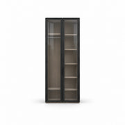 Furnilora 2 Door Storage Cabinet featuring a narrow rectangular case alongside smoke-grey glazing on a white background.