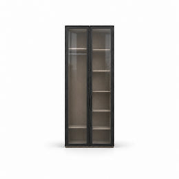 Furnilora 2 Door Storage Cabinet featuring a narrow rectangular case alongside smoke-grey glazing on a white background.