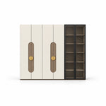 Furnilora 6 Door Wardrobe with Storage Cabinet, detailed with circular brass-tone handles against a white backdrop.