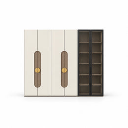Furnilora 6 Door Wardrobe with Storage Cabinet, detailed with circular brass-tone handles against a white backdrop.