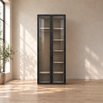 Furnilora 2 Door Storage Cabinet, detailed with full-height doors and visible interior shelving beside a bedroom window.