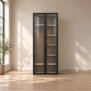 Furnilora 2 Door Storage Cabinet, detailed with full-height doors and visible interior shelving beside a bedroom window.