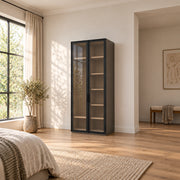 Furnilora 2 Door Storage Cabinet beside a bedroom window, showing full-height doors alongside a narrow rectangular case.