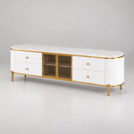 Furnilosa White Marble Top TV Unit on a neutral studio floor, featuring gold-framed glass doors and rounded fluted ends.