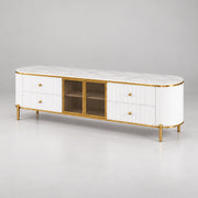 Furnilosa White Marble Top TV Unit on a neutral studio floor, featuring gold-framed glass doors and rounded fluted ends.