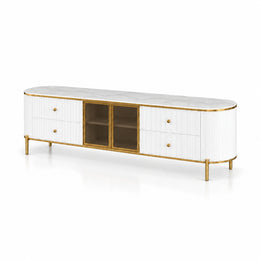 Furnilosa White Marble Top TV Unit: four side drawers, slim gold-tone legs and rounded fluted ends on a white background.