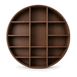 Alternate view of Girovy Round Wooden Bookshelf, showing round frame and three-section layout in a balanced home interior.