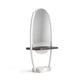 Alternate view of Givoria White Salon Mirror Stand, showing arched mirror, integrated styling shelf, sturdy base, design.