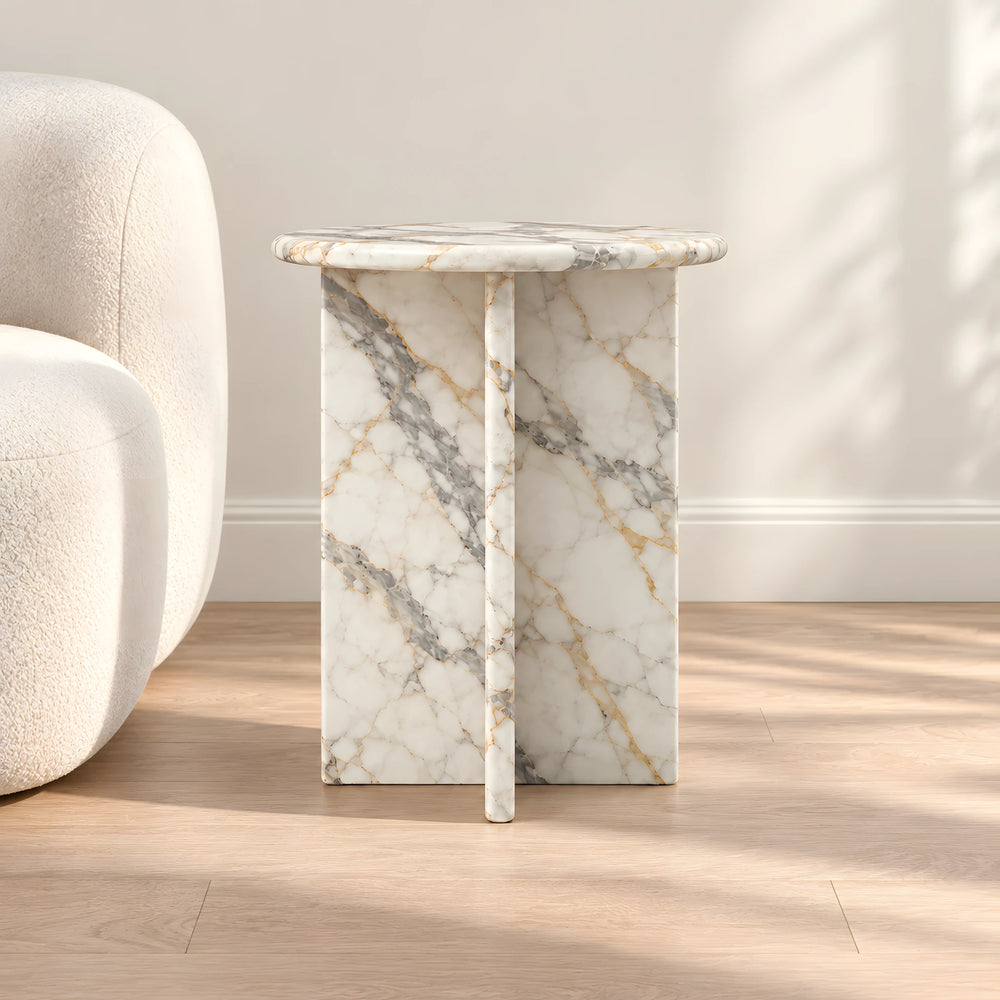 Gizimora Marble Side Table featuring round tabletop with a light marble-look appearance in a clear product photograph.