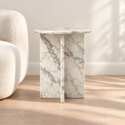 Gizimora Marble Side Table featuring round tabletop with a light marble-look appearance in a clear product photograph.