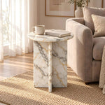 Gizimora Marble Side Table product view showing round tabletop with a light marble-look appearance in a modern home setting.