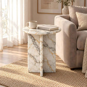 Gizimora Marble Side Table product view showing round tabletop with a light marble-look appearance in a modern home setting.