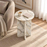 Close-up of Gizimora Marble Side Table, highlighting round top with a light marble-look appearance in a modern home setting.