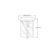 Gizimora Marble Side Table size guide lists 45 cm deep and 55 cm high to help plan fit in the living room and placement.