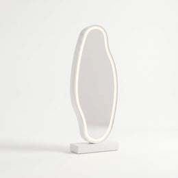 Alternate view of Glasandy White LED Salon Mirror Stand, showing integrated led lighting and organic curved design.