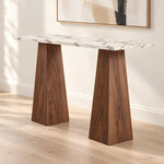 Hadlino Marble Console Table product photo showing veined top and tapered panel supports in a clean studio setting.